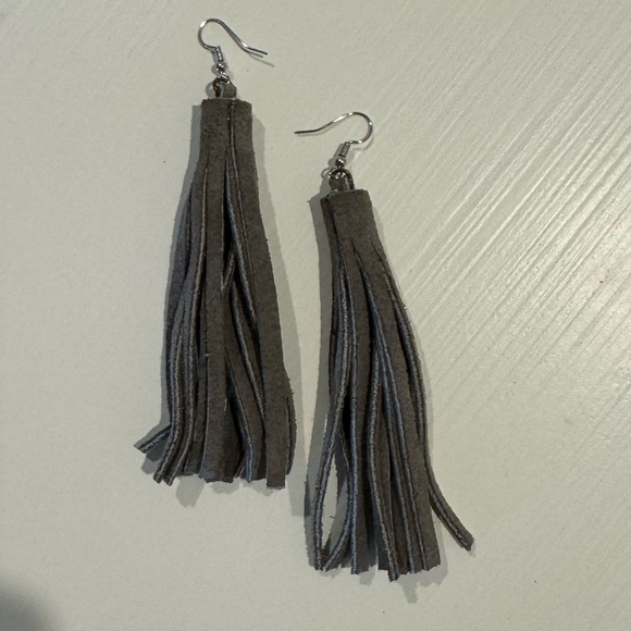 Boutique Grey Leather Tassel Earrings (local New Braunfels, TX artist) - Picture 2 of 4